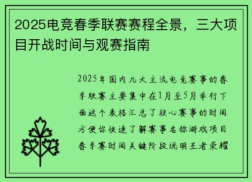 2025电竞春季联赛赛程全景，三大项目开战时间与观赛指南
